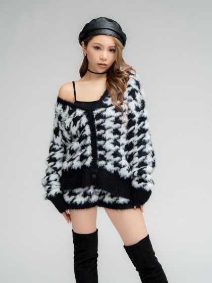 千鳥柄シャギーニットカーディガン– EGOIST