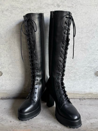 フェイクレザーレースアップロングブーツ