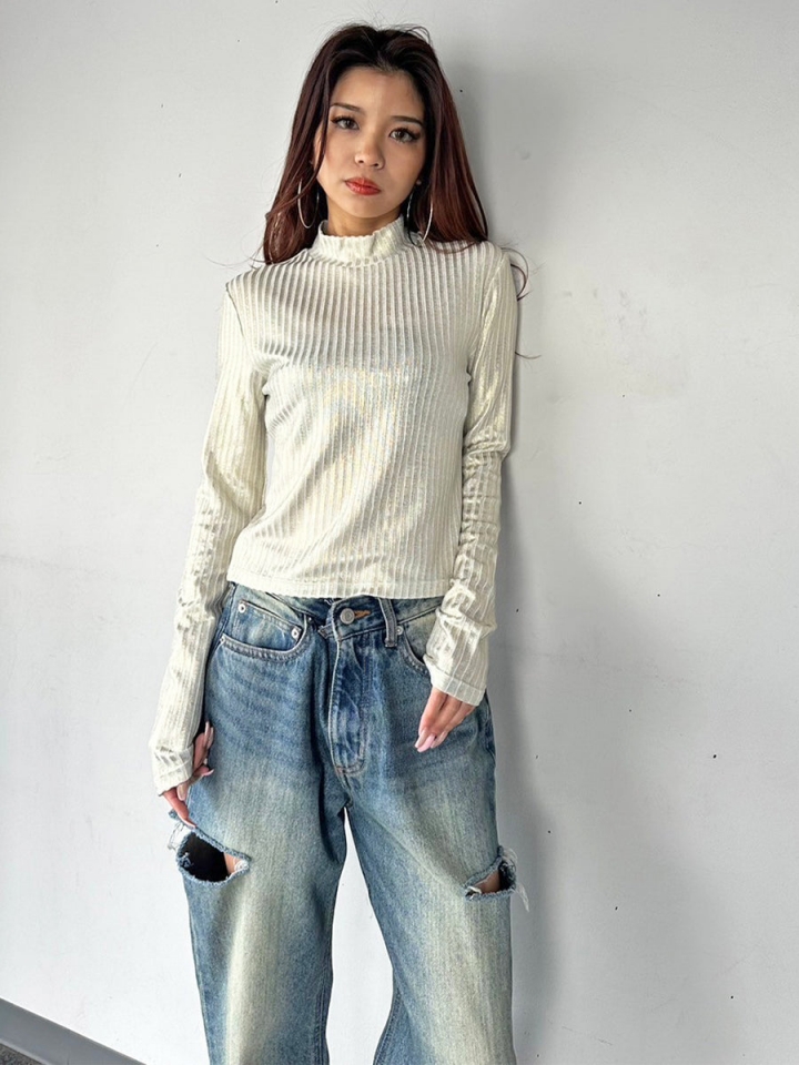 ボトルネックホイルプリントリブトップス– EGOIST