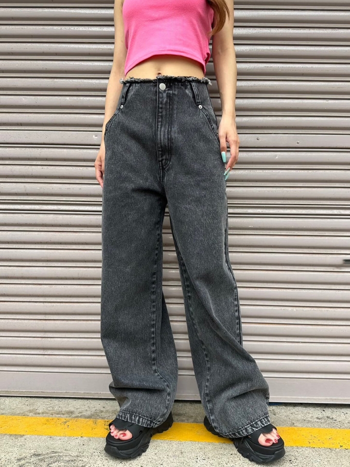 カットオフハイウエストデニムワイドパンツ