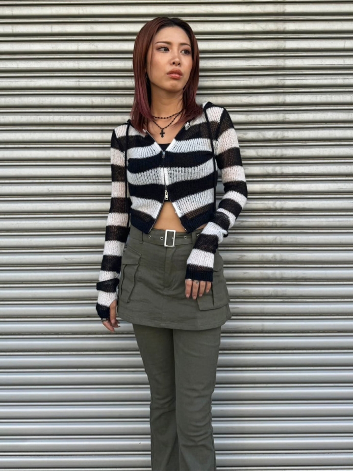 ボーダー透かしニットパーカー– EGOIST