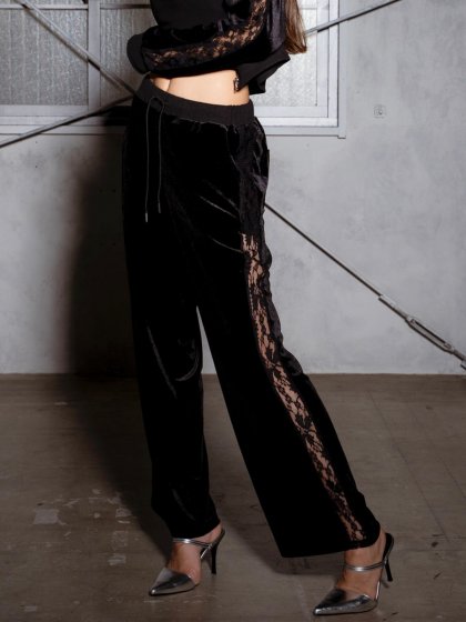 脇レースベロアストレートパンツ